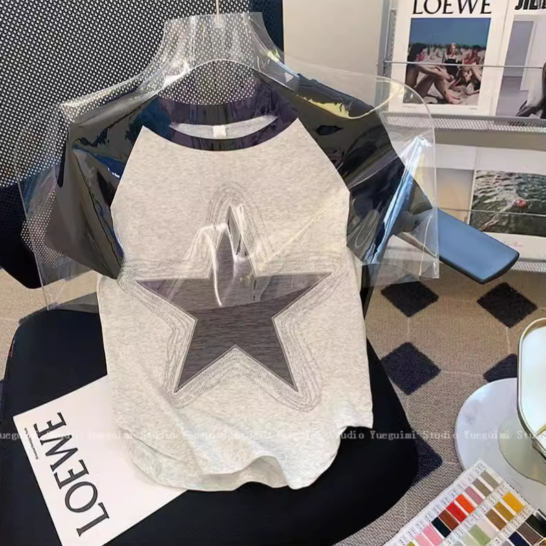 灰色星星正肩高腰短款重工撞色短袖t恤女夏季2023新款设计感小众