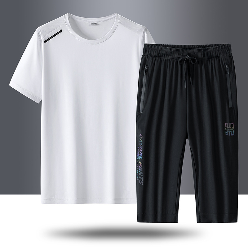 Traje de seda de hielo de deportes de secado rápido para hombres, pantalones cortos de secado rápido de verano para hombres, ropa deportiva de manga corta, pantalones de cinco puntos al por mayor