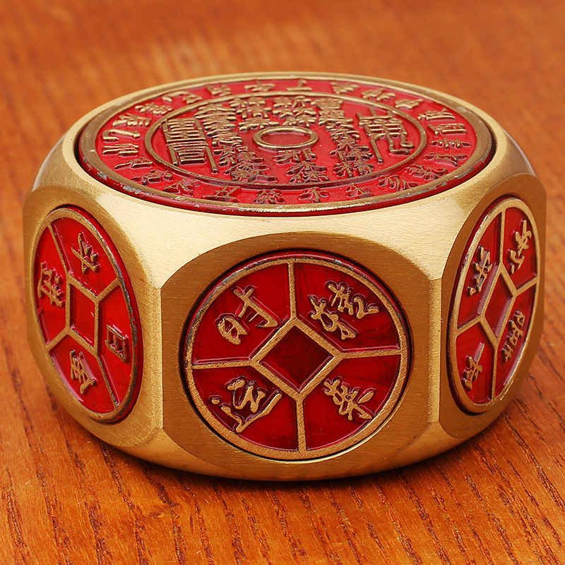 Brass Handle Piece with Red Oil Mountain Ghost Design, Five Emperors Coins, Six-Sided Rotating Ornament, Eight-Sided Rotating Copper Craft