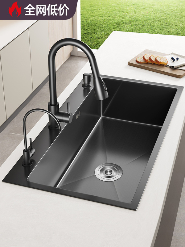 Stainless Steel Black Sink Large Single-slot Handmade Thickeneded Kitchen Undercounter Basin Wash Basin Sink Set SUS304