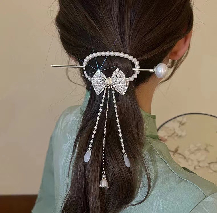 Retro Flower Alloy Tassel Artificial Pearls Hairpin3