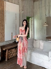 纯欲感扎染抹胸连衣裙女夏季气质一字肩雪纺裙子海边度假长裙