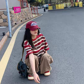 美式复古撞色条纹宽松短袖t恤女夏季慵懒感百搭休闲显白好看上衣