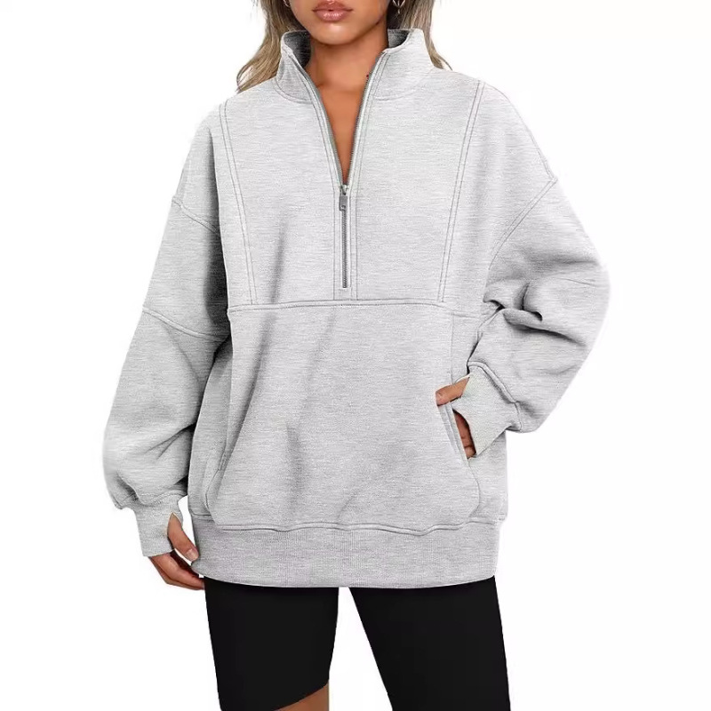 2023 Amazon European and American women's pocket half zipper loose casual stitching stand collar fleece-lined sweater
