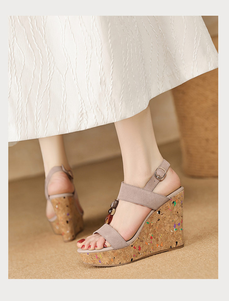 Sandal bohemian đế xuồng cao gót quai ngang hở mũi — màu hồng, màu mơ chi tiết 17