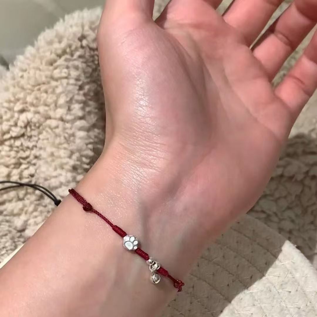 S925 Silver Cat Claw Bell Bracelet Sterling Silver Braided Red Rope Bracelet Good Luck Male and Female Couple Gift