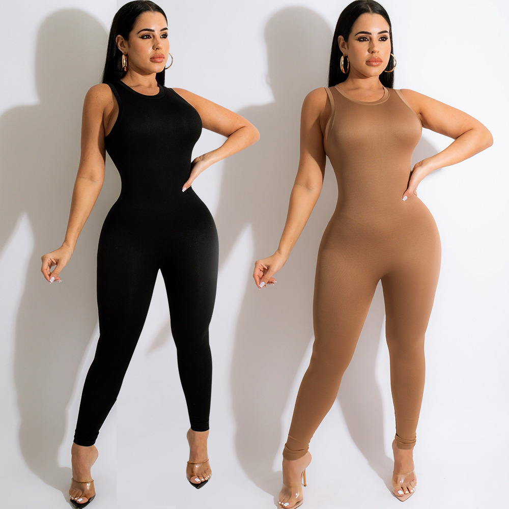 solid color round neck sleeveless tight jumpsuit NSZH119319