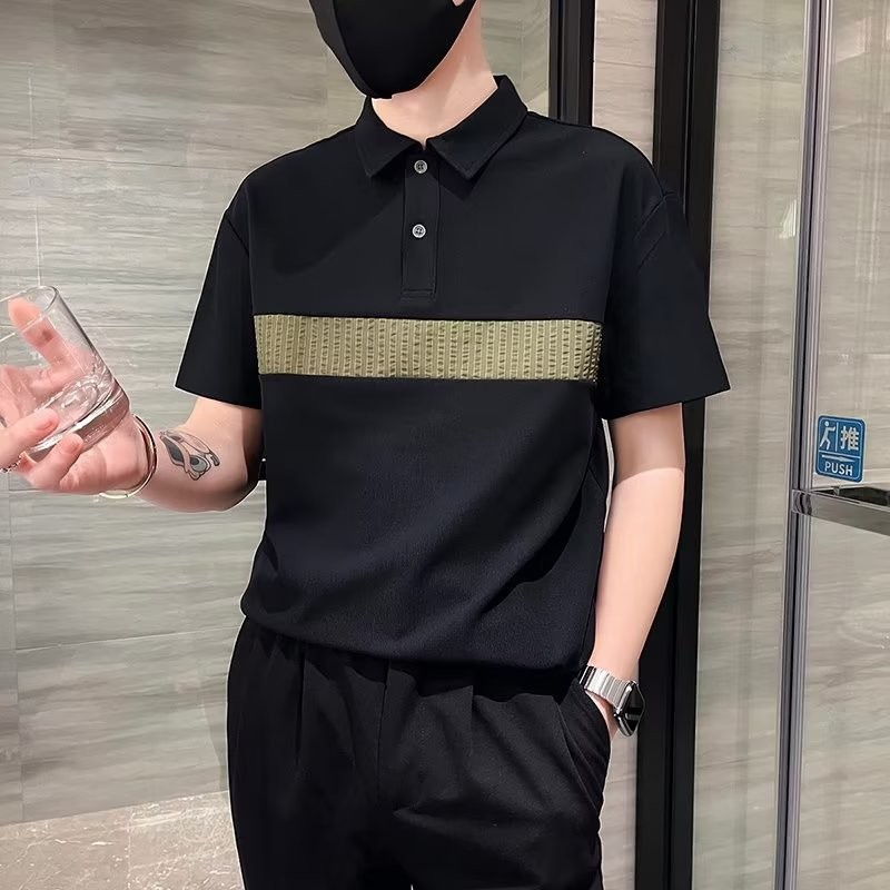 Pi shuai ins verano costura contraste color camisa POLO top hombre estilo Harajuku tendencia suelta y versátil camiseta de manga corta de cinco puntos