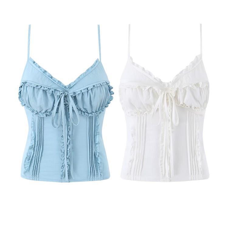 Elastic Top with Ruffled Edges, Camisole with Small Collar, Women's Solid Color Bow Tie, Gathered Cotton Feel, Waist-Cinching