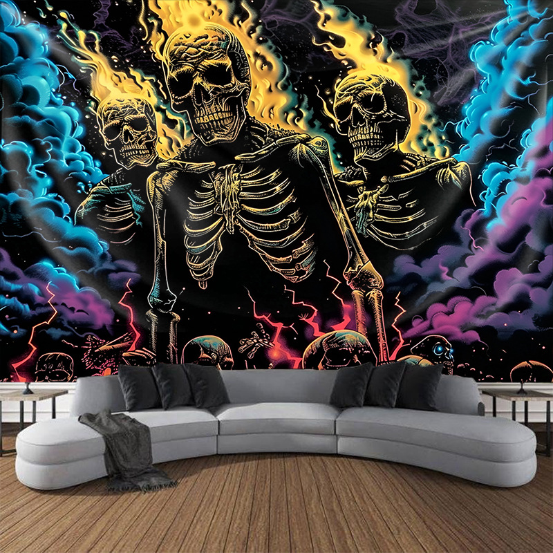 아마존 뜨거운 판매 맞춤형 형광 태피스트리 대외 무역 달 해골 형광 교수형 천 홈 인테리어 소스 제조 업체