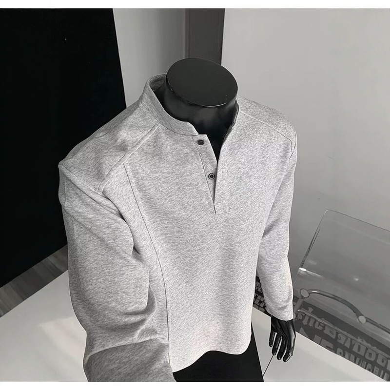 Henley collar long-sleeve T-shirt for men, autumn American style, stylish and trendy, casual and loose, stand-up collar base sweatshirt Henley collar long-sleeve T-shirt for men, autumn American style, stylish and trendy, casual and loose, stand-up collar base sweatshirt