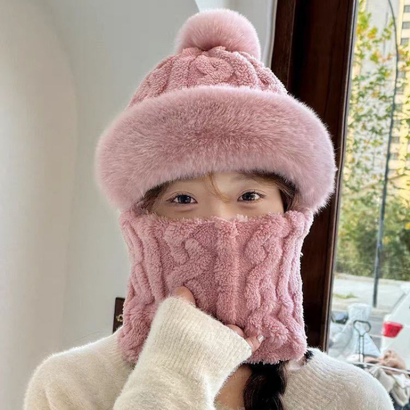 毛绒帽子围巾一体女冬围脖小熊可爱秋冬季洋气百搭时尚保暖护耳帽|undefined