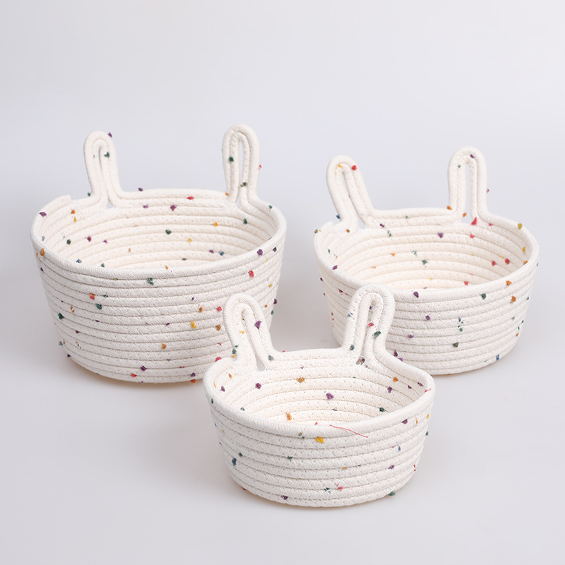 Direct Supply from Manufacturer, In-Stock Storage Baskets Wholesale, Cotton Rope Woven Baskets, Cotton Rope Rabbit Ear Round Trendy Woven Storage Baskets