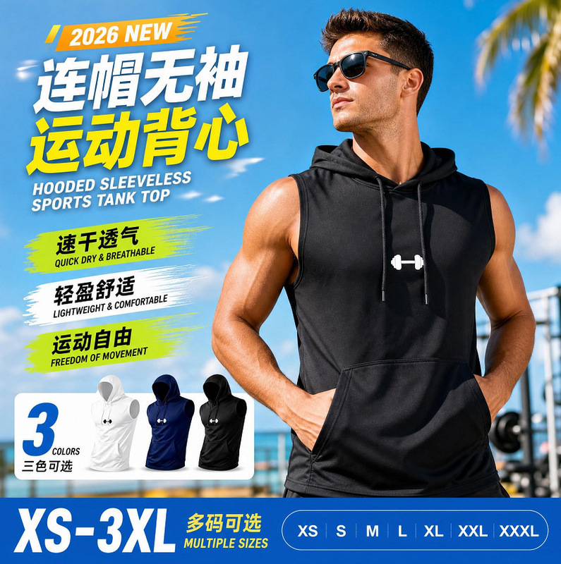 2026 New Men's Hooded Sleeveless Fitness Sweatshirt, Sleeveless Vest, Quick-Dry Fitness Tank Top, Sports Men's T-Shirt