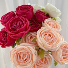 跨境仿真花七头媓妃玫瑰花婚庆客厅装饰路引玫瑰摄影拍照道具假花