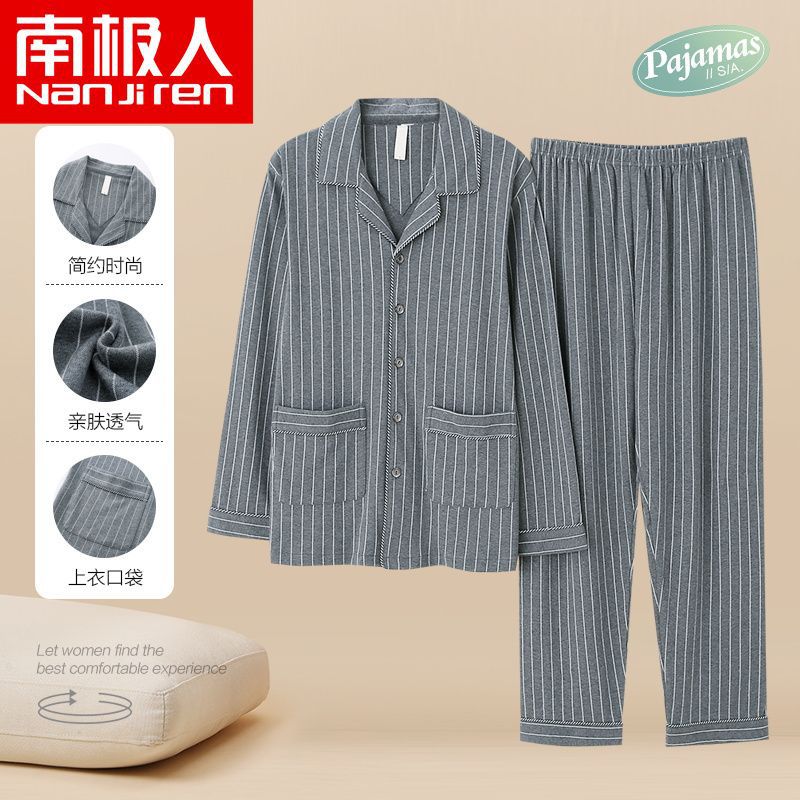 100% pijamas de algodón de primavera y otoño de los hombres de manga larga de solapa más tamaño traje de algodón para el hogar