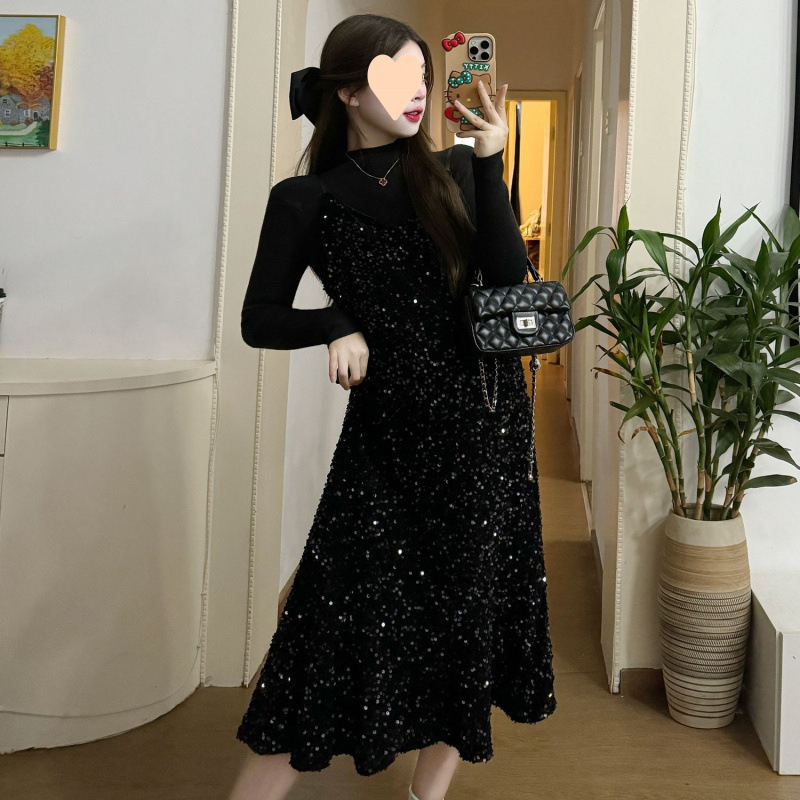 기질적인 임산부 드레스 2025 서스펜더 스커트 밝은 실크 아우터웨어 솔리드 컬러 긴팔 베이스 작은 향수 스타일 유행 슬림 임산부 스커트