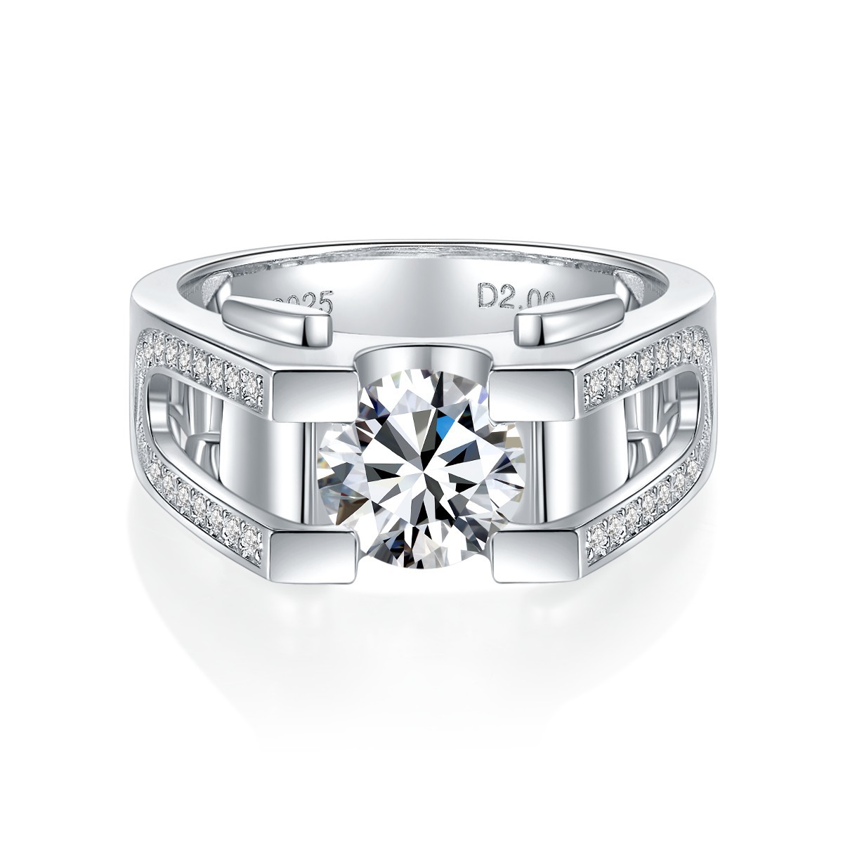 Moissanite men's diamond ring, 925 sterling silver plated with platinum, 18K gold wedding ring, simple design with a one-carat diamond, understated luxury.