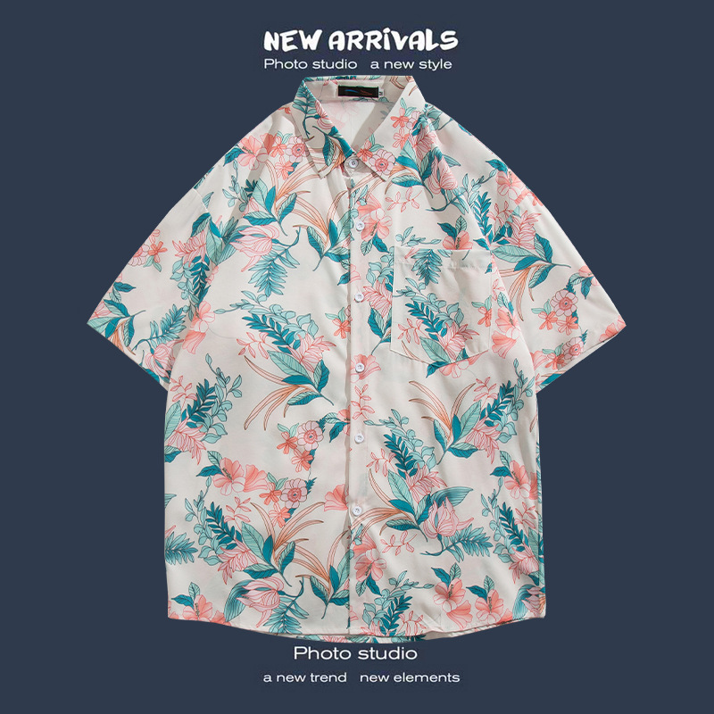 Camisa floral de manga corta Estilo de Hong Kong estilo retro de vetiver Estilo coreano moda guapo camisa de hombres y mujeres de moda y top de hadas