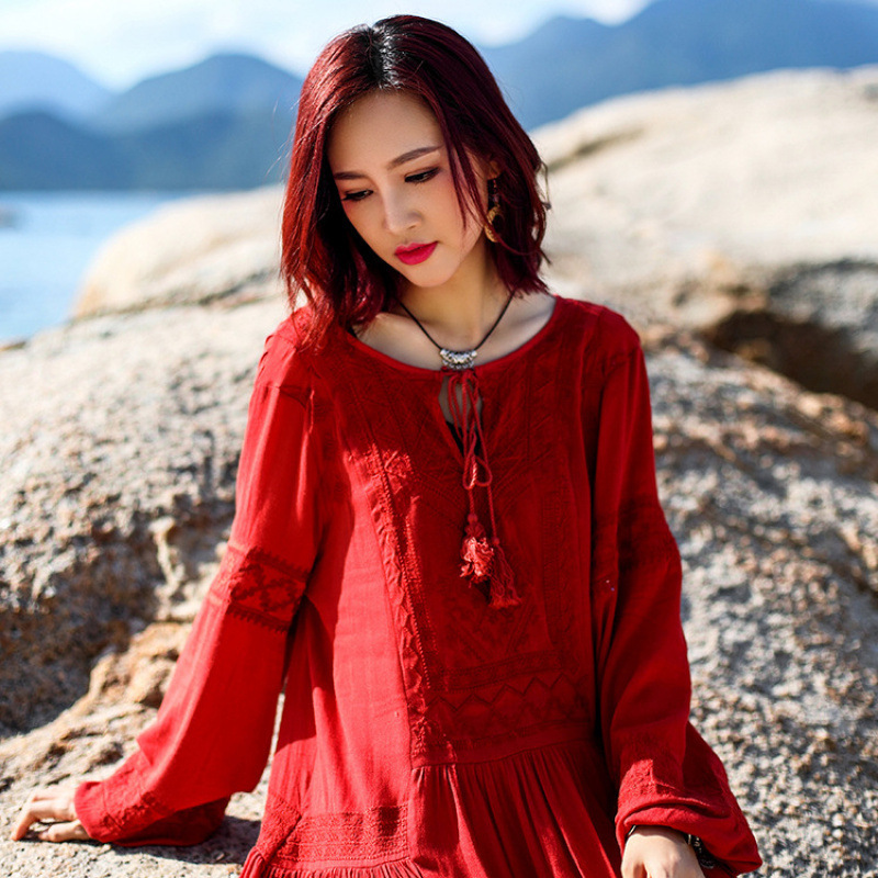 Qinghai Xizang Long Skirt Desert Seaside Vacation Embroidered Ethnic Style Retro Dress Red Long-Sleeved Red Dress F278