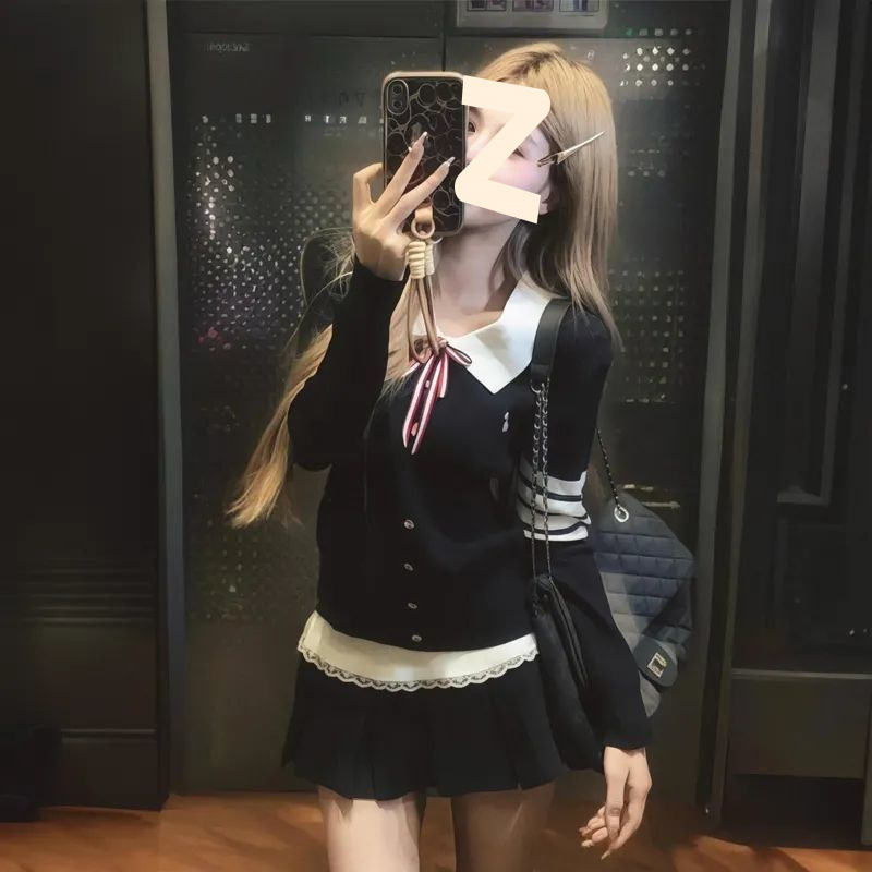 韩系上衣甜美风小个子两件套polo领套头针织衫毛衣女高腰显瘦短裙