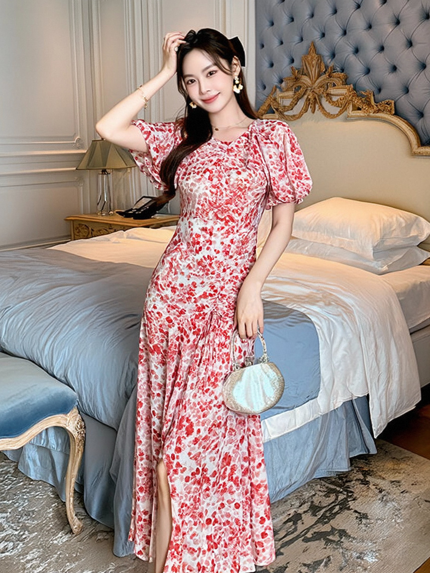 Váy maxi nữ thiết kế kiểu Pháp tay phồng thắt eo in hoa xẻ tà — Nền be đỏ