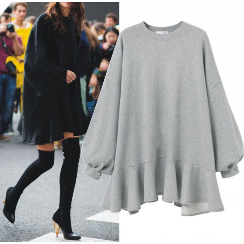 Cross-border foreign trade Japanese-style loose plus-size sweatshirt dress for women, autumn and winter simple casual versatile ruffled midi dress Cross-border foreign trade Japanese-style loose plus-size sweatshirt dress for women, autumn and winter simple casual versatile ruffled midi dress