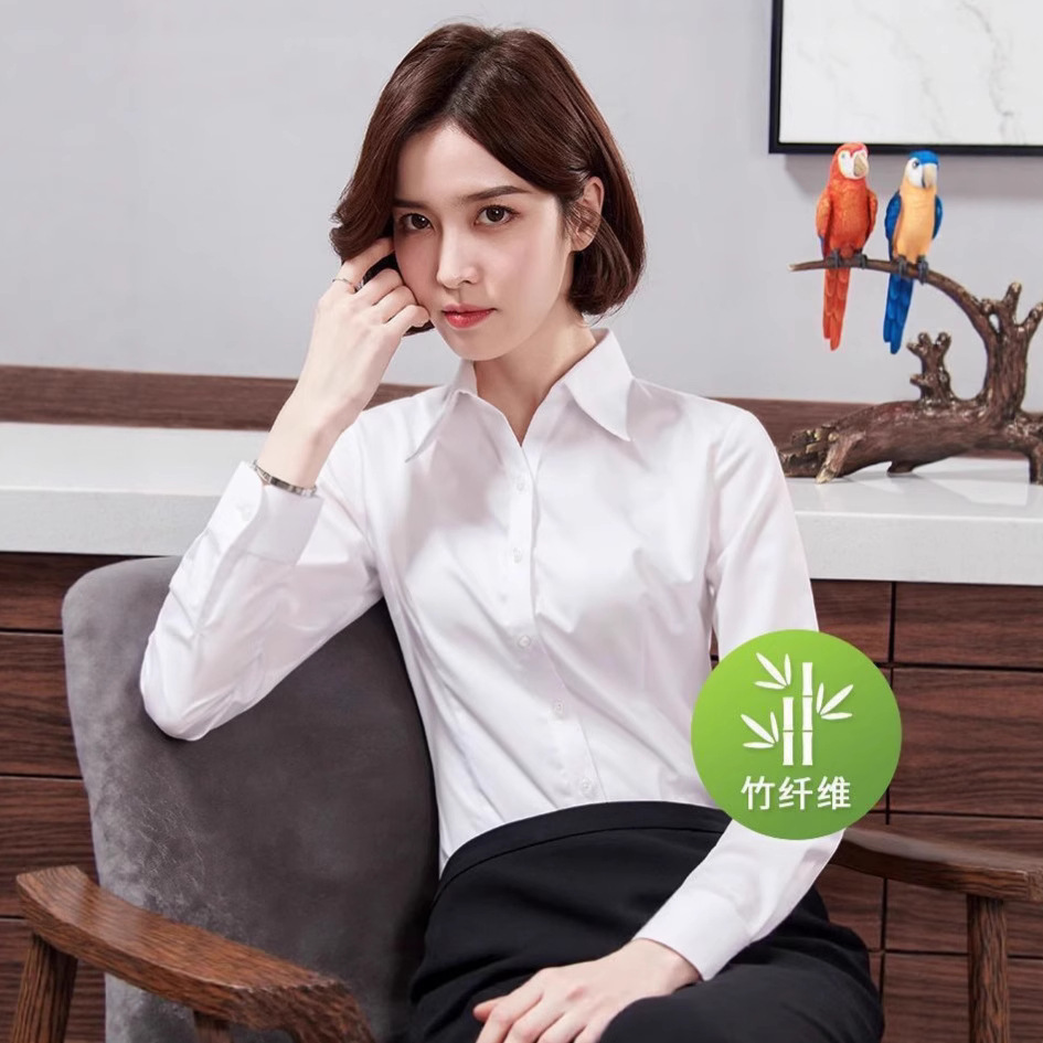 Áo sơ mi nữ màu trắng tinh khiết sợi tre trang phục công sở công sở áo sơ mi tôn dáng ôm sát ống tay nửa dài đi làm ngân hàng