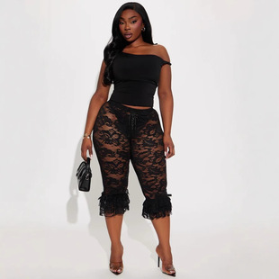 2025 early spring Amazon new sexy lace hollow European and American cross-border hot girl women's see-through cropped pants