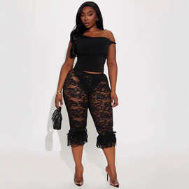 2025早春亚马逊新款性感蕾丝镂空欧美跨境辣妹女装透视七分裤
