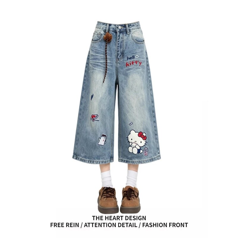 Kitty Cat Embroidered High-Waisted Cropped Jeans for Women, 2026 Summer New Design Short Wide-Leg Pants Kitty Cat Embroidered High-Waisted Cropped Jeans for Women, 2026 Summer New Design Short Wide-Leg Pants