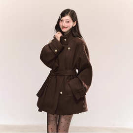 2025复古高级感立领毛呢外套秋冬新款系带收腰显瘦气质棕色大衣