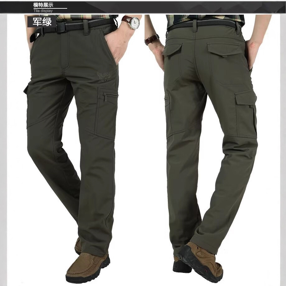 Outdoor Softshell Pants Autumn and Winter Fleece Thickened Workwear Warm Casual Pants Waterproof Sports Multi-Pocket Quick-Dry Pants Men