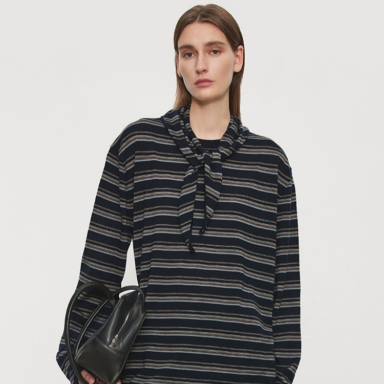 Row Retro 2-Piece Set Ultra-Fine Wool Striped T-Shirt + Lightweight Sailor Triangle Scarf Top for Women