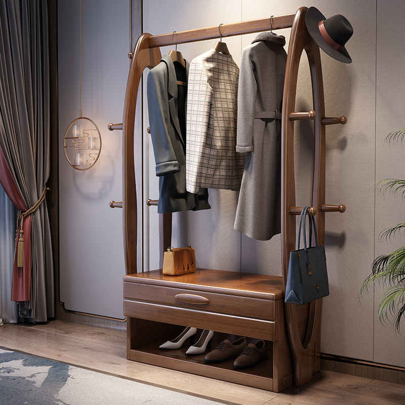 實木衣帽架輕奢落地掛衣架臥室簡約現代進門玄關置物架換鞋凳一體