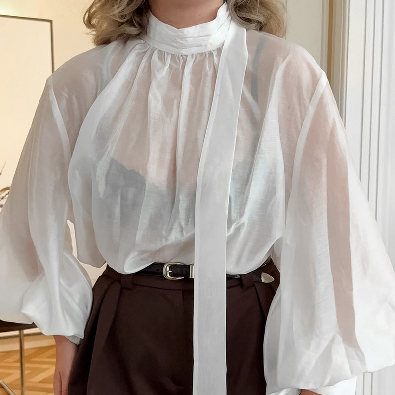 French Gentle Style Design with Ribbon Stand Collar White Shirt, Feminine and Versatile Commuting Lady Style Long-Sleeved Shirt