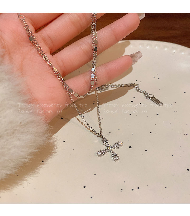 rhinestone cross double-layer necklace for women light luxury minority design hot girl clavicle chain trendy cool personality new ornament undefined