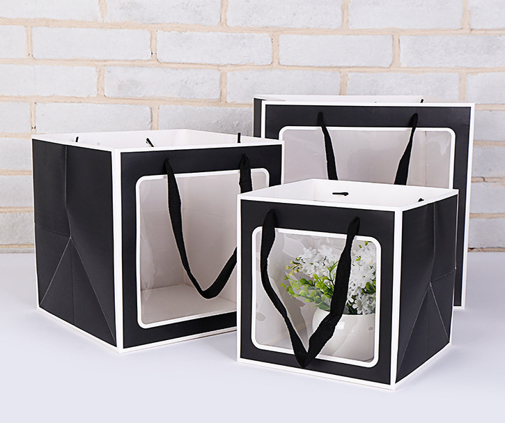 Bolsa de embalaje cuadrado engrosado flores boda bolsa de regalo inferior transparente ventana portátil bolsa de regalo bolsa de papel al por mayor