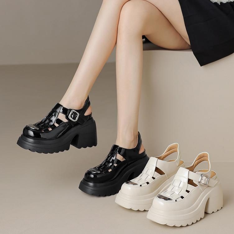 Sandal bít mũi đế dày da bóng phong cách La Mã, gót cao 10 cm — Màu be, Màu đen