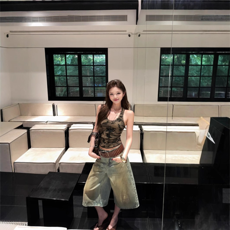 Retro Camouflage Rivet U-Neck Camisole Women's Summer American Sexy Sleeveless Outer Wear Design Slim Top