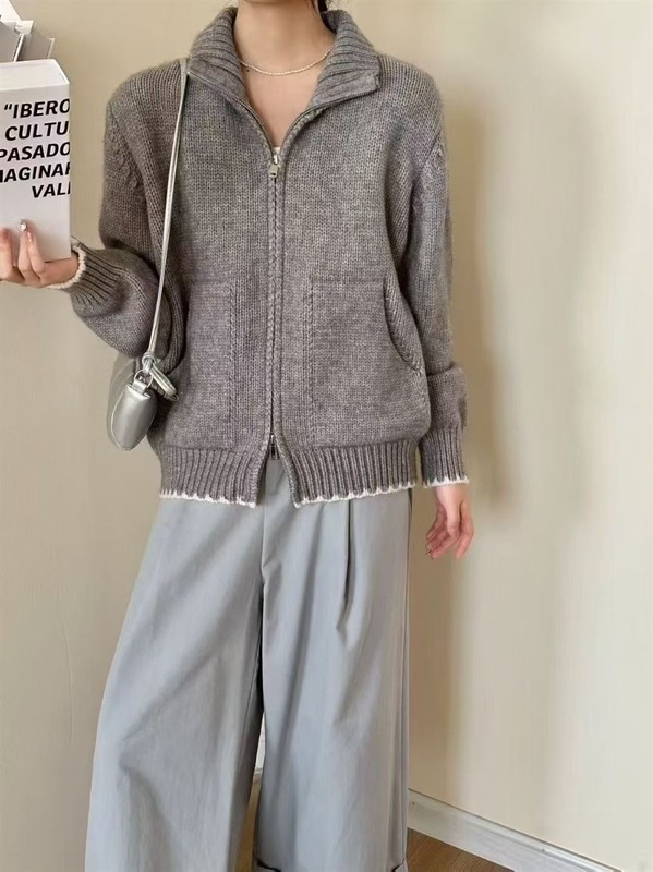 韩系复古双拉链翻领针织开衫女秋冬新款宽松显瘦百搭休闲毛衣外套|undefined