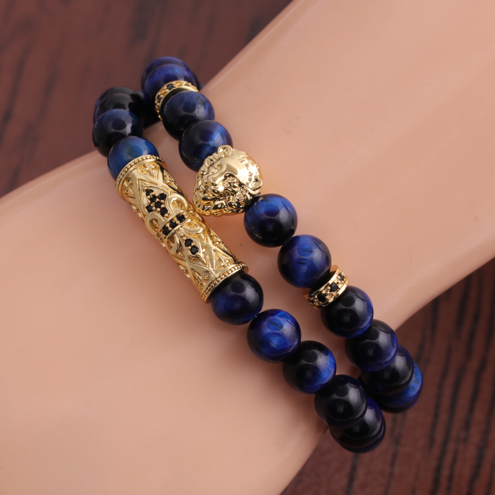 Retro tiger eye stone cross lion head bracelet