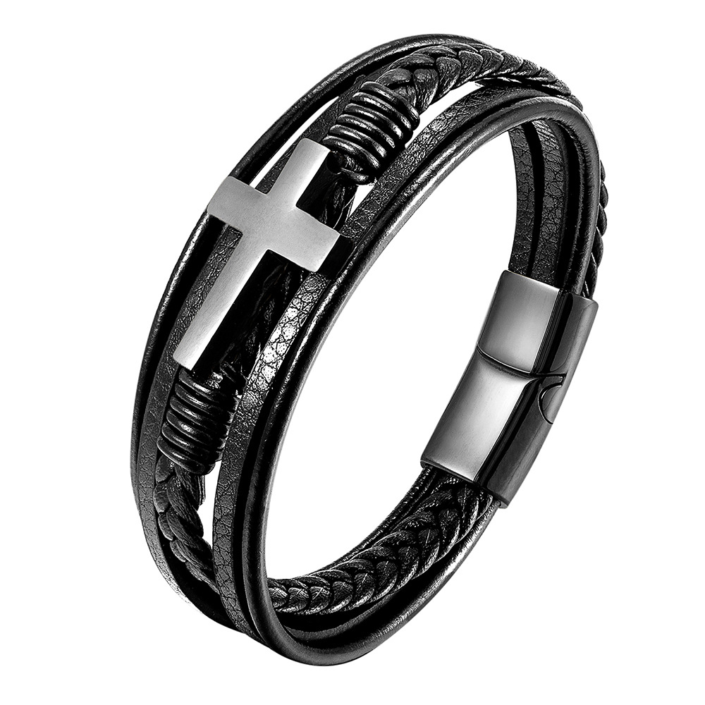 30g Weight Bracelets Classification Leather Chain Material 1 Piece Quantity Daily Occasion Leather, Titanium Steel Material Cross Pattern Men's Gender Layered, Polishing Design Retro, Ethnic Style Style Retro Ethnic Style Cross Leather Titanium Steel Layered Polishing Men's Bracelets Men Cord & Leather Bracelets 无