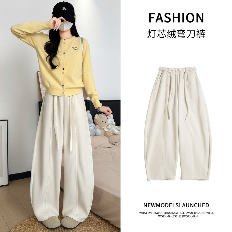 White Corduroy Straight-Leg Pants for Women, 2026 Autumn New Style, Loose Fit, Drapey, Casual Wide-Leg Pants