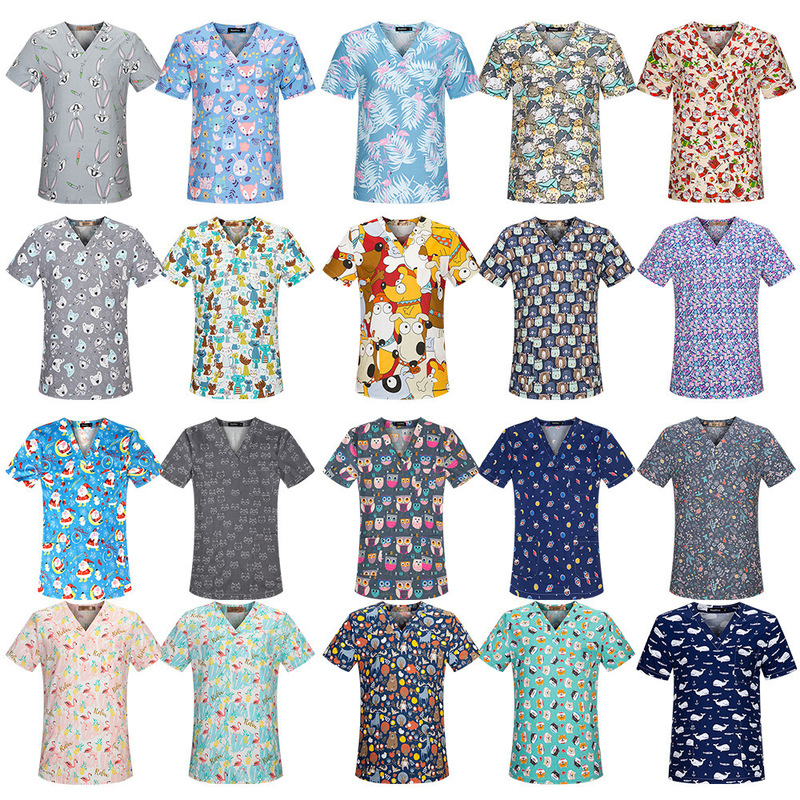 Cross-Border Amazon Popular V Neck Short-Sleeved T-Shirt Tops Cartoon Print Nurse Uniforms Surgical Uniforms Work Clothes for Men and Women