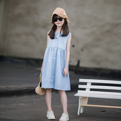 Girls Tencel denim dress summer children's literary college style princess dress lapel middle and large children's pure cotton skirt