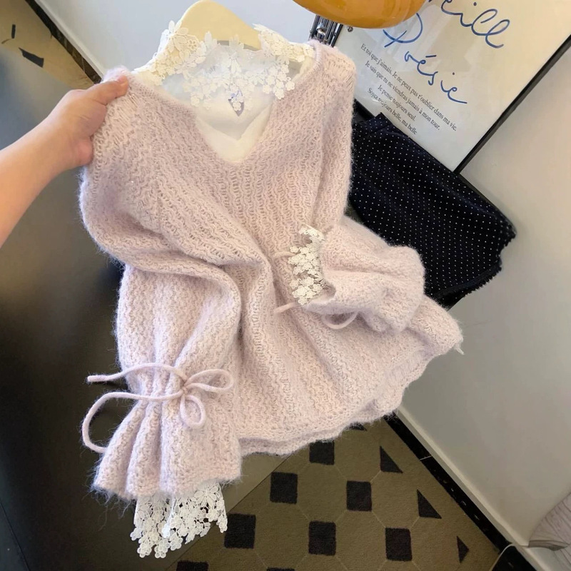 Purple gentle style chunky knit sweater for women, autumn and winter, Korean style, loose and soft, long-sleeved V-neck top, trendy Purple gentle style chunky knit sweater for women, autumn and winter, Korean style, loose and soft, long-sleeved V-neck top, trendy