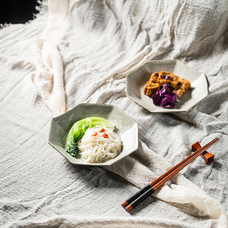 蒔繪金繕粗陶手工日式古樸八角盤菜盤深盤家用涼菜碟點心水果盤子