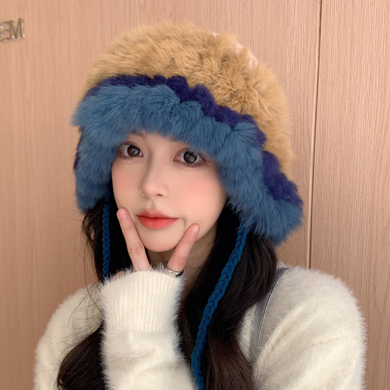 Cappello lavorato a maglia in pelo di coniglio per donna in autunno inverno, cappello in lana calda patchwork, versione coreana, peluche dolce e carino_voghion.com