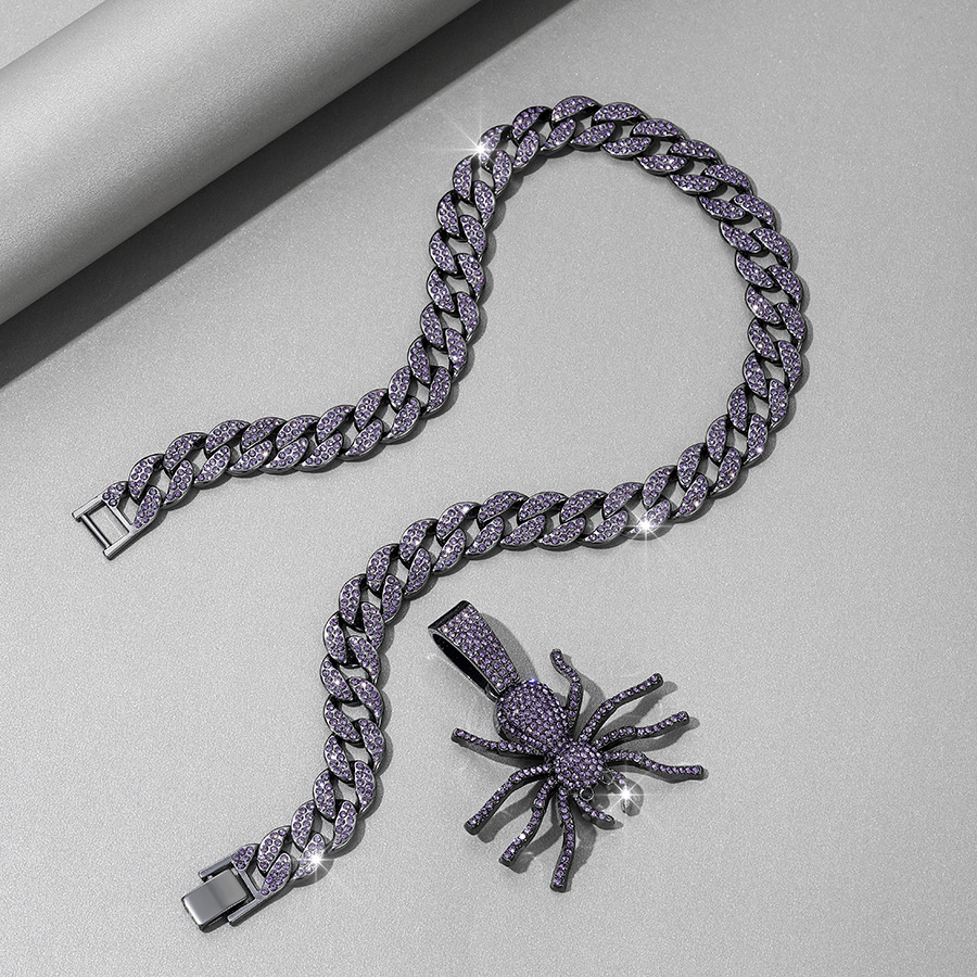 Ciondolo ragno con strass viola creativo e alla moda, collana cubana, gioielli hip-hop rap con personalità di nicchia_voghion.com